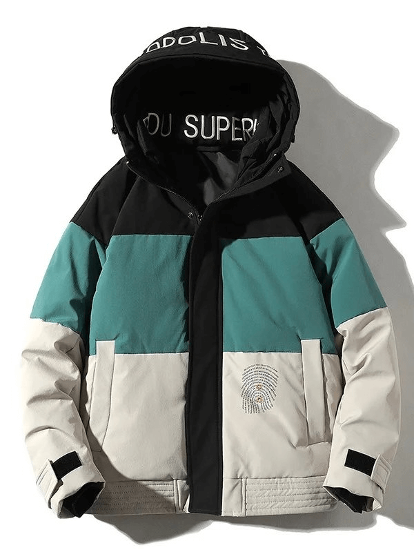 Stylish men's down jacket with hood and stand collar, black and teal colorblock, thermal insulation, 90% down content, SF1901.
